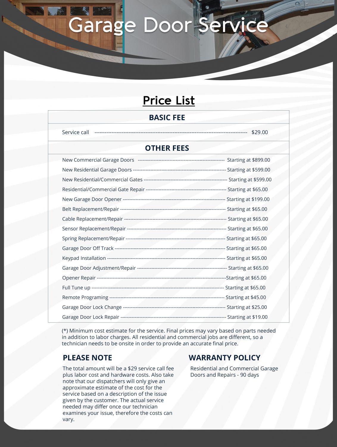 Price List Interstate Garage Doors